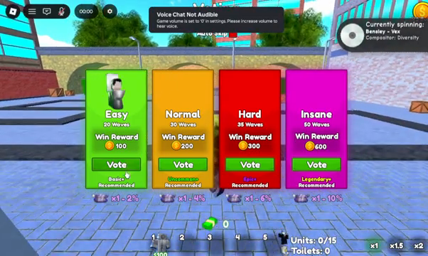 Easy, Normal, Hard and Insane vote cards in the October 10 VendoPlus Cameraman Tower Defense gameplay example