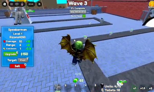Speakerman upgrade panel showing damage, range and cooldown changes in the dated VendoPlus gameplay example
